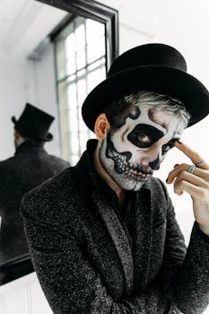 An eerie portrait of a man with skull face makeup and top hat posing indoors, perfect for Halloween themes.