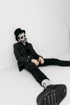 一幅戏剧性的肖像画，描绘了一个画着骷髅妆容的人，置身于极简主义的工作室环境中