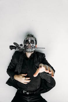 A chilling Halloween portrait featuring a model with skull face paint and a black rose in studio lighting.