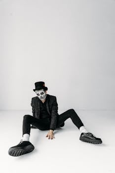 一名男子头戴高顶礼帽，脸上涂着骷髅图案，身穿奇装异服，坐在平原背景前