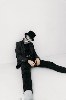 Portrait of a man with skull makeup in a stylish outfit and top hat, perfect for Halloween themes.