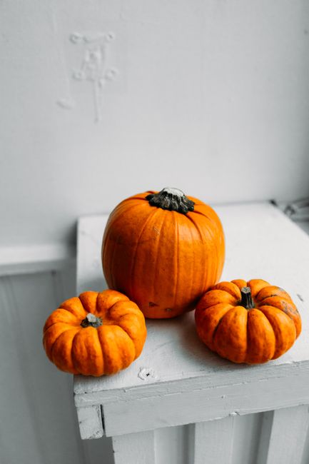 Close-up of three bright orange pumpkins in a simple indoor setting, perfect for fall and Halloween decor.