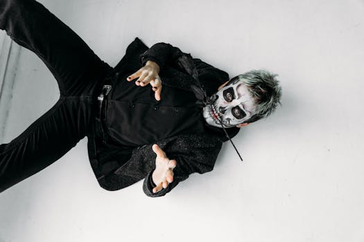 A dramatic artistic portrait featuring skull makeup and a bold pose indoors.