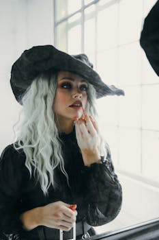 一位时尚女性身着女巫装，在镜前化妆