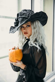 A woman in a witch costume holding a pumpkin, embodying Halloween spirit indoors.