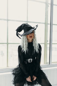 Stylish woman in witch costume poses indoors, embodying elegance and mystery.