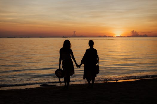 日落时分，海滩边两个朋友手牵手的剪影充满活力