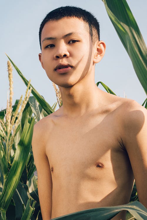 Topless Young Man Standing Near Green Plant