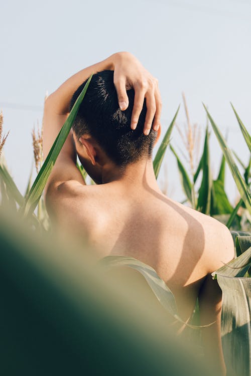 Topless Man Posing with his Hand on Head