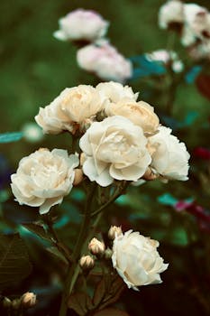 宁静的花园里，一簇精致的白玫瑰盛开着，周围环绕着郁郁葱葱的绿叶