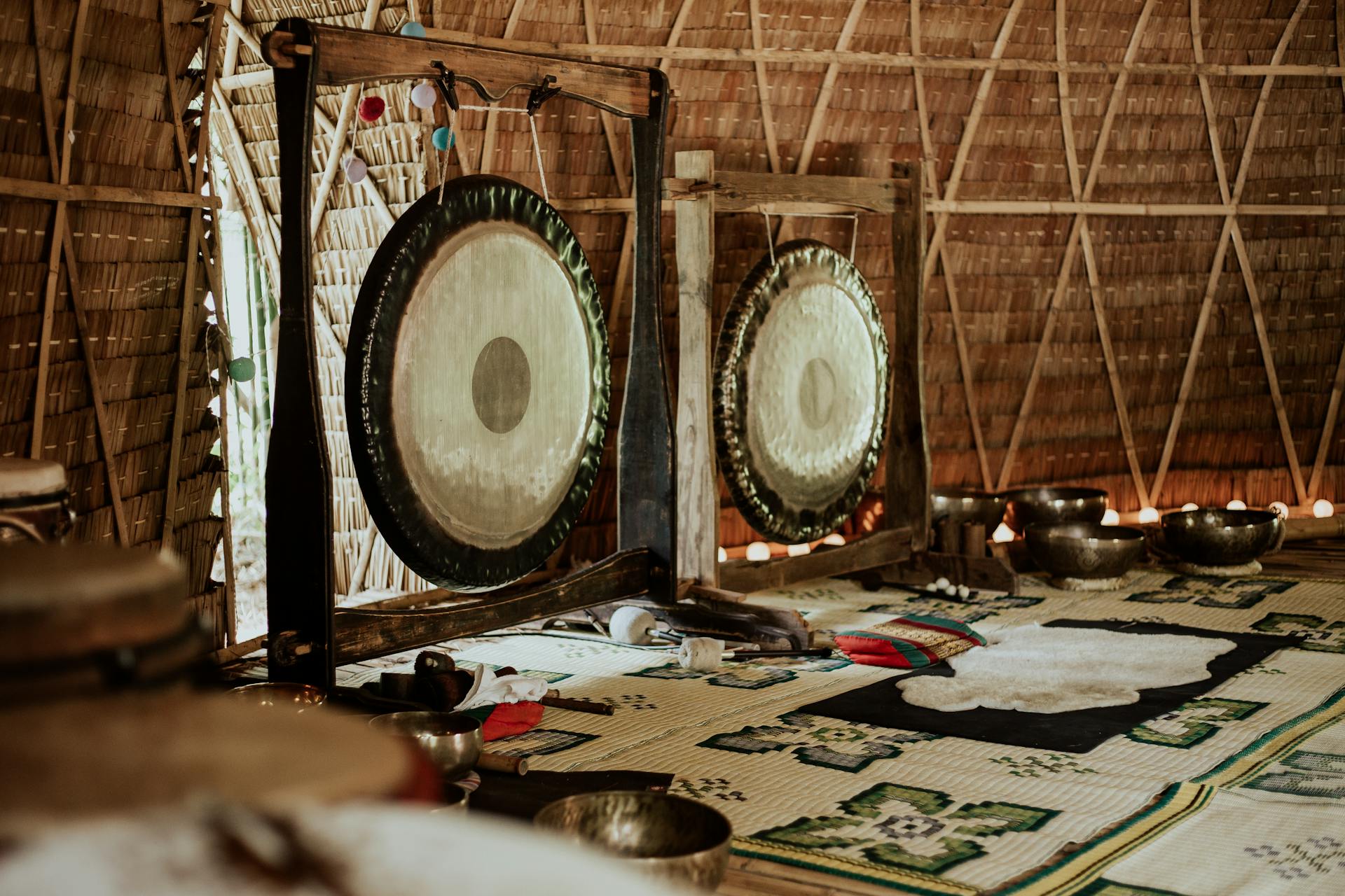 A Room with Gongs and Tibetan Bowls for Meditation