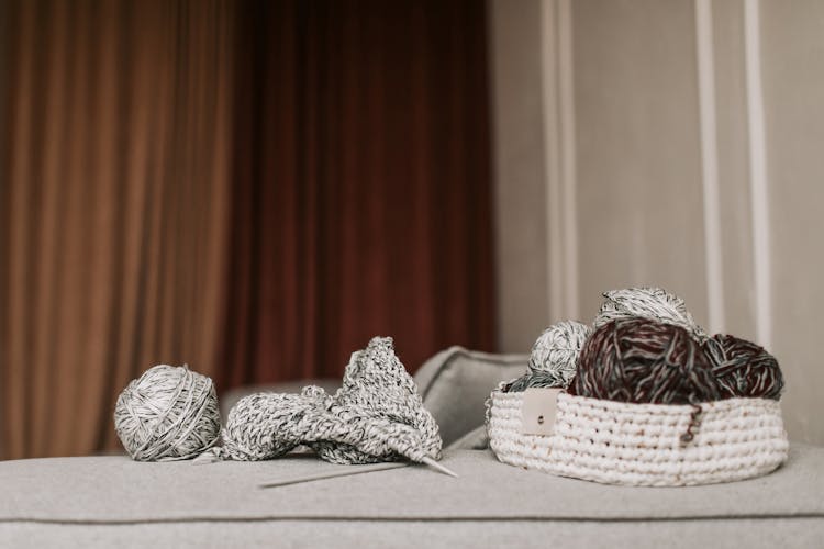 Yarn Rolls On Knitted Basket