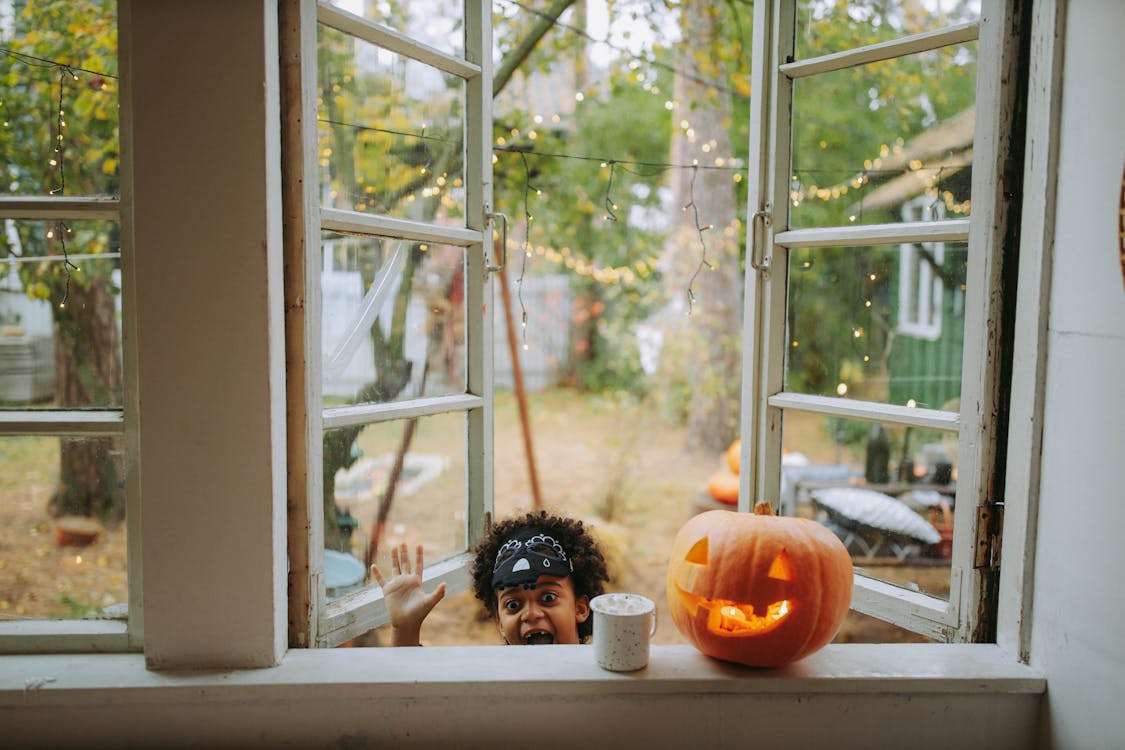 Free Orange Pumpkin Beside the Glass Window Stock Photo