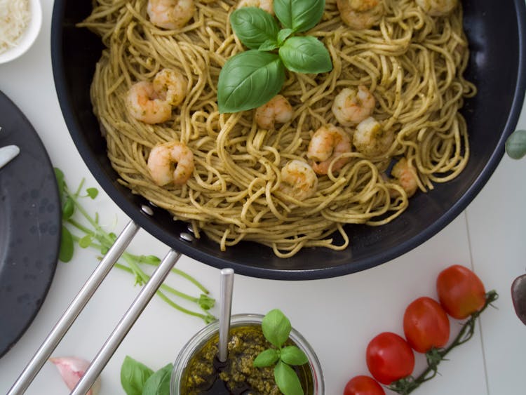 Shrimp Pasta Dish With Pesto Sauce