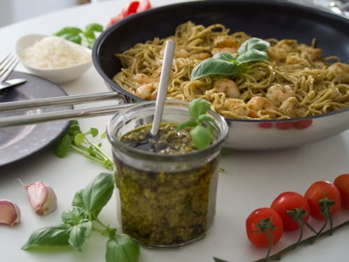 Shrimp Pasta Dish With Pesto Sauce