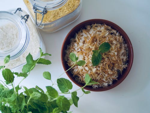 White Rice on Red Bowl