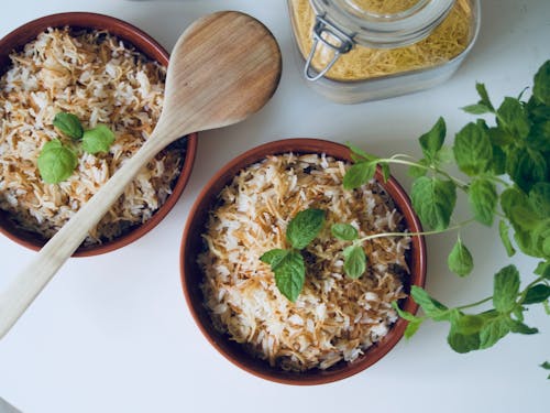 Cooked Rice on Red Bowl