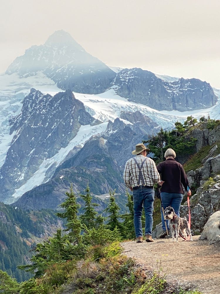 Couple With Dog Walking In Mountains