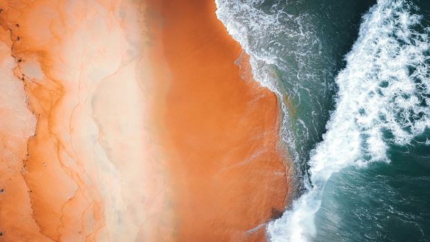 Drone view of spectacular landscape of spacious sand shore and tidal ocean waves at daytime