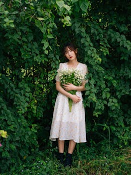 这幅户外肖像画描绘了一位身着花卉连衣裙的年轻女子手持花束，画面宁静