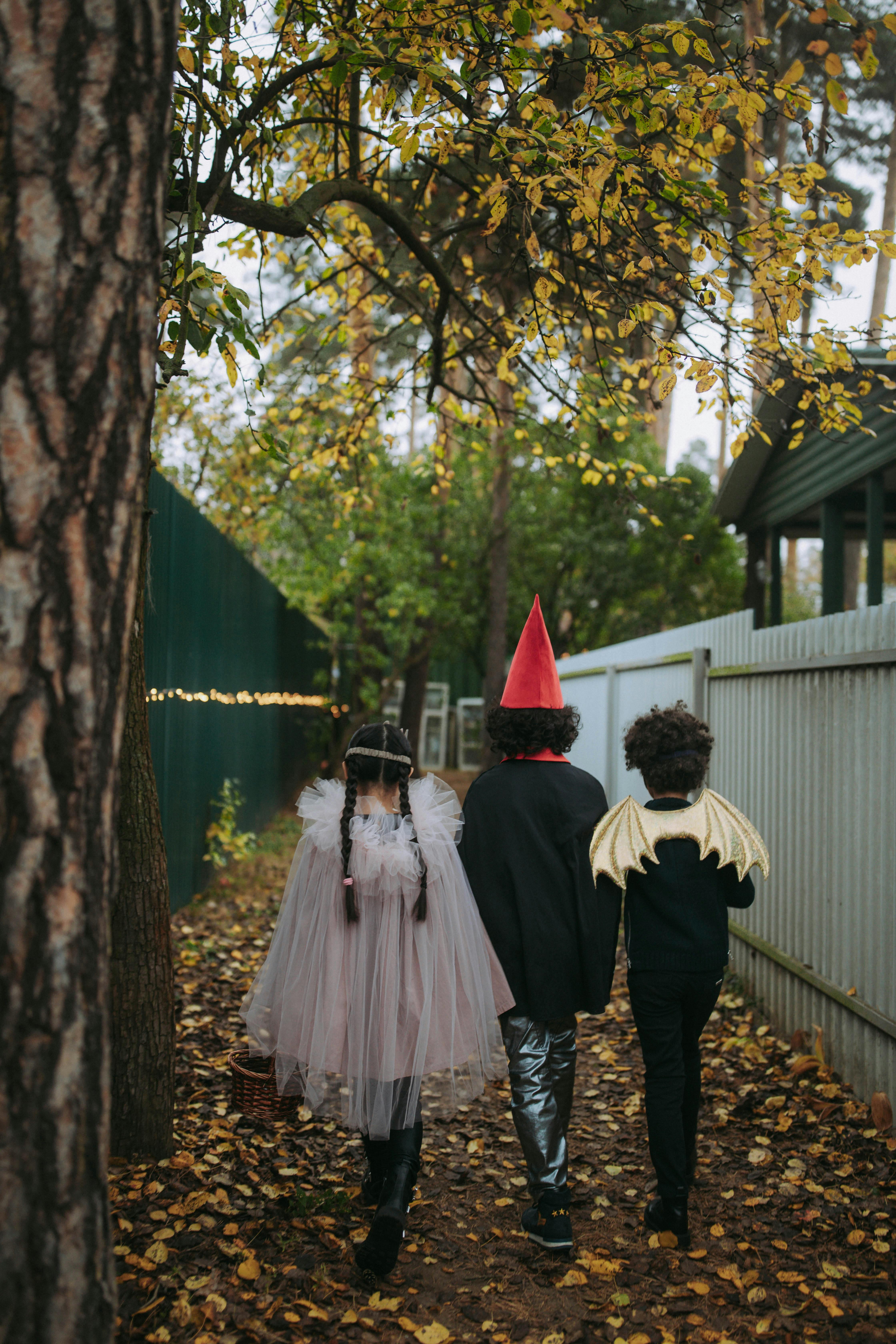 back view of kids wearing their halloween costumes