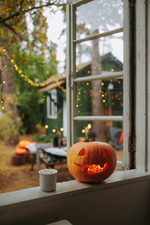 Free Halloween Pumpkin on the Window  Stock Photo