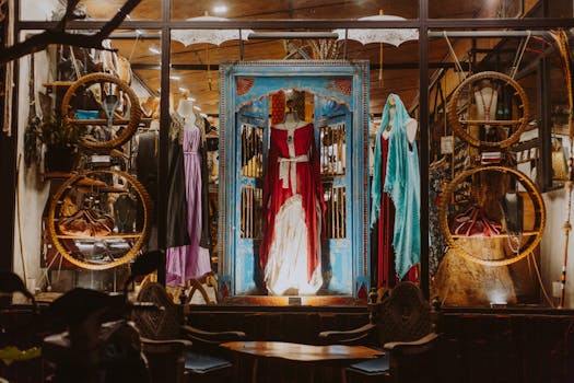 A vibrant boutique window showcasing elegant dresses with artistic decor.