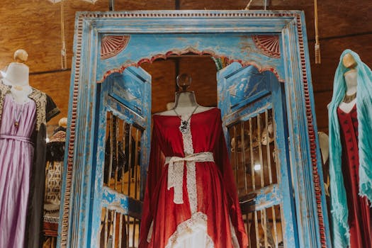 Charming display of vintage dresses on mannequins in a boutique setting.