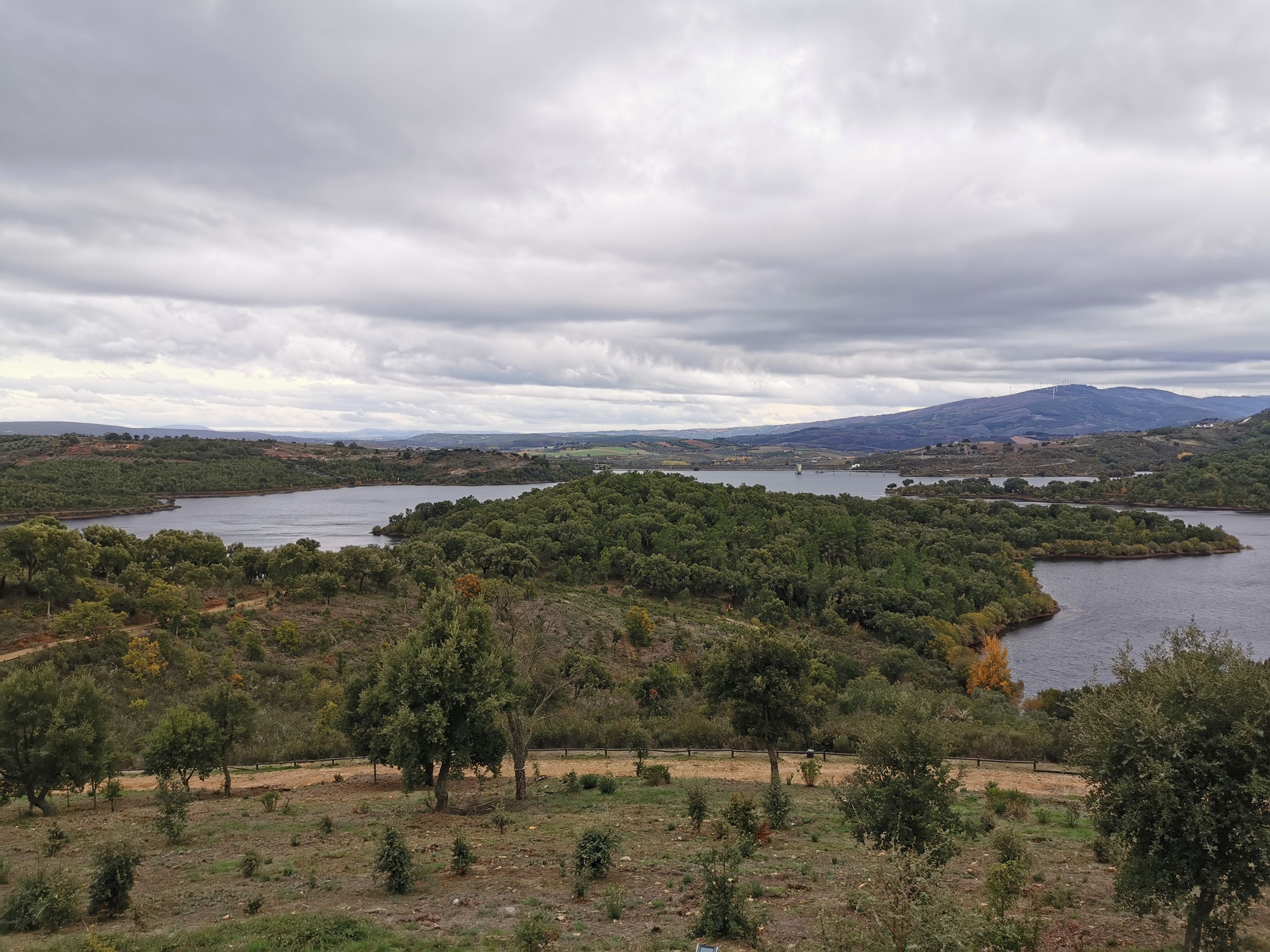 Serene view of lush greenery and a winding river in Bragança District, Portugal, under a cloudy sky.