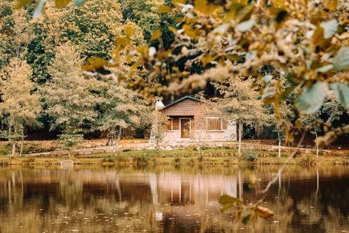 Free Small private wooden house surrounded by trees reflecting from water surface of pond in woodland in autumn Stock Photo