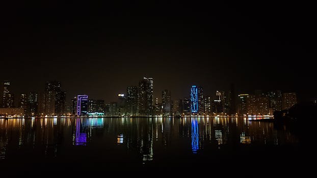 Stunning cityscape at night with illuminated skyline and water reflections.