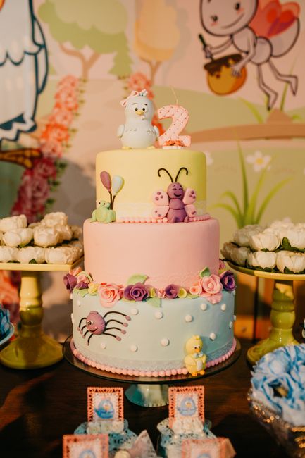 Festive cake for children in honor of birthday celebration placed on banquet table