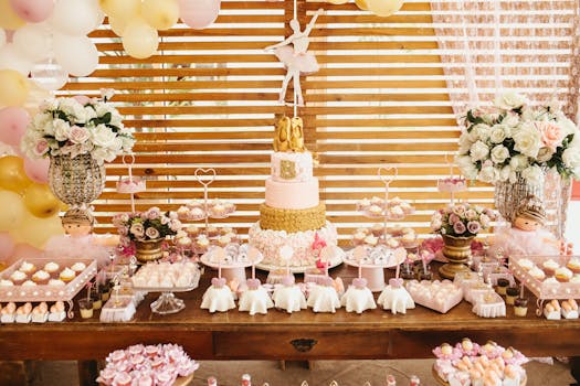 Charming ballet-themed dessert table with pink and gold decor perfect for celebrations.