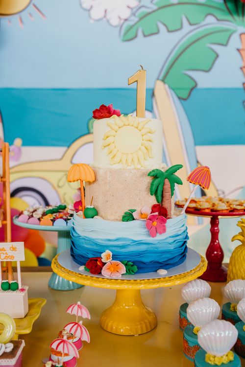 Free Delicious cake for birthday party with various decoration on yellow plate against bright background Stock Photo