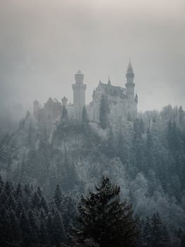 Gloomy, misty view of Neuschwanstein Castle surrounded by frosty forest.