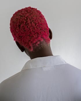 Back view of a person with vibrant red hair wearing a white shirt against a plain background.