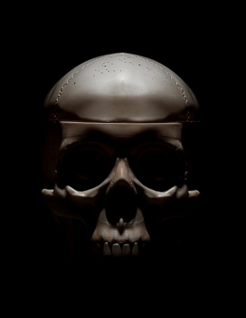 Frightening skull of person in darkness