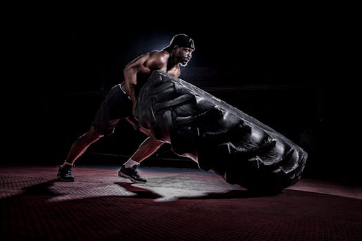 Muscular man flipping a heavy tire indoors, showcasing strength and determination.