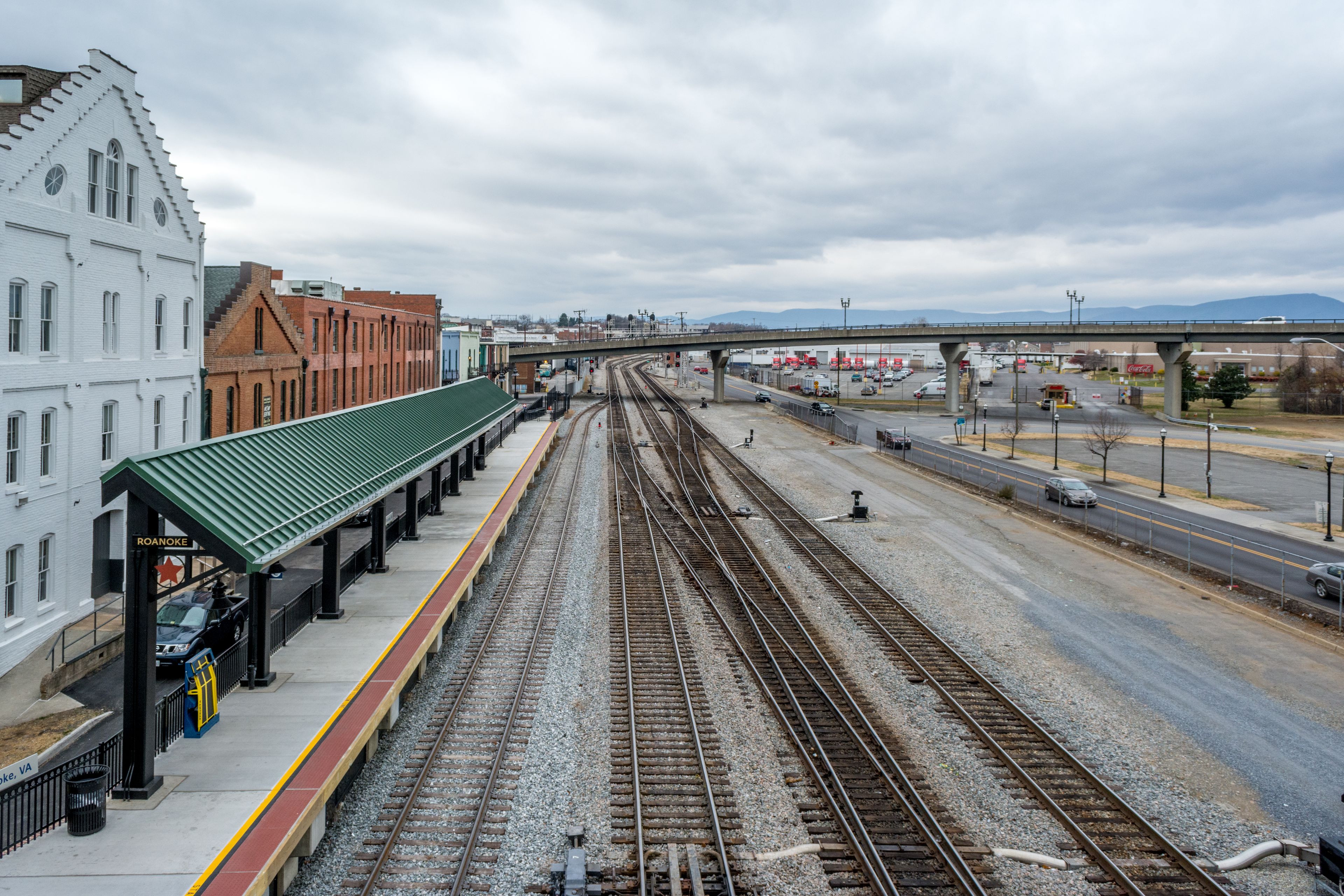 Roanoke: Roanoke railway station and tracks beneath a cloudy sky
