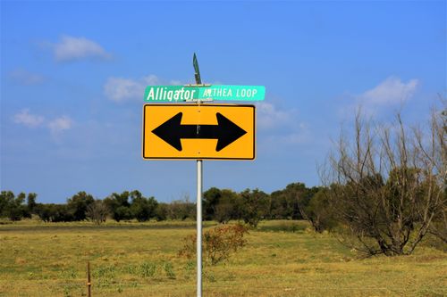 Free A rural Texas landscape featuring a directional road sign with clear blue skies. Stock Photo