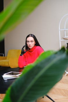 一名身穿红色毛衣、戴着假手的女子正在室内与数字平板电脑互动