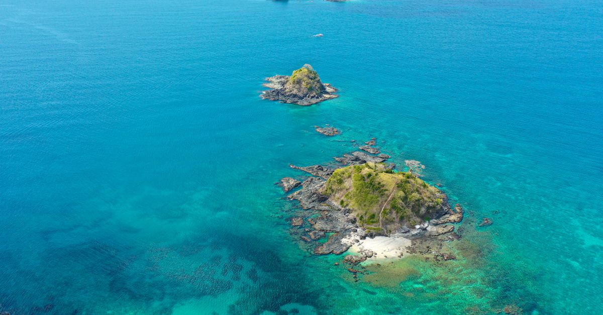 Aerial view of stone formation with tropical plants in calm turquoise sea water