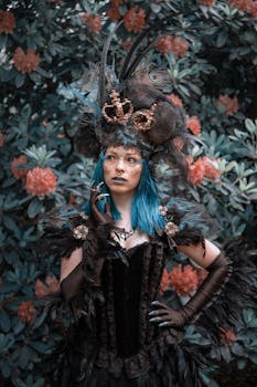 一个女人置身于由精心制作的幻想服装构成的花园中，融合了时尚与艺术元素