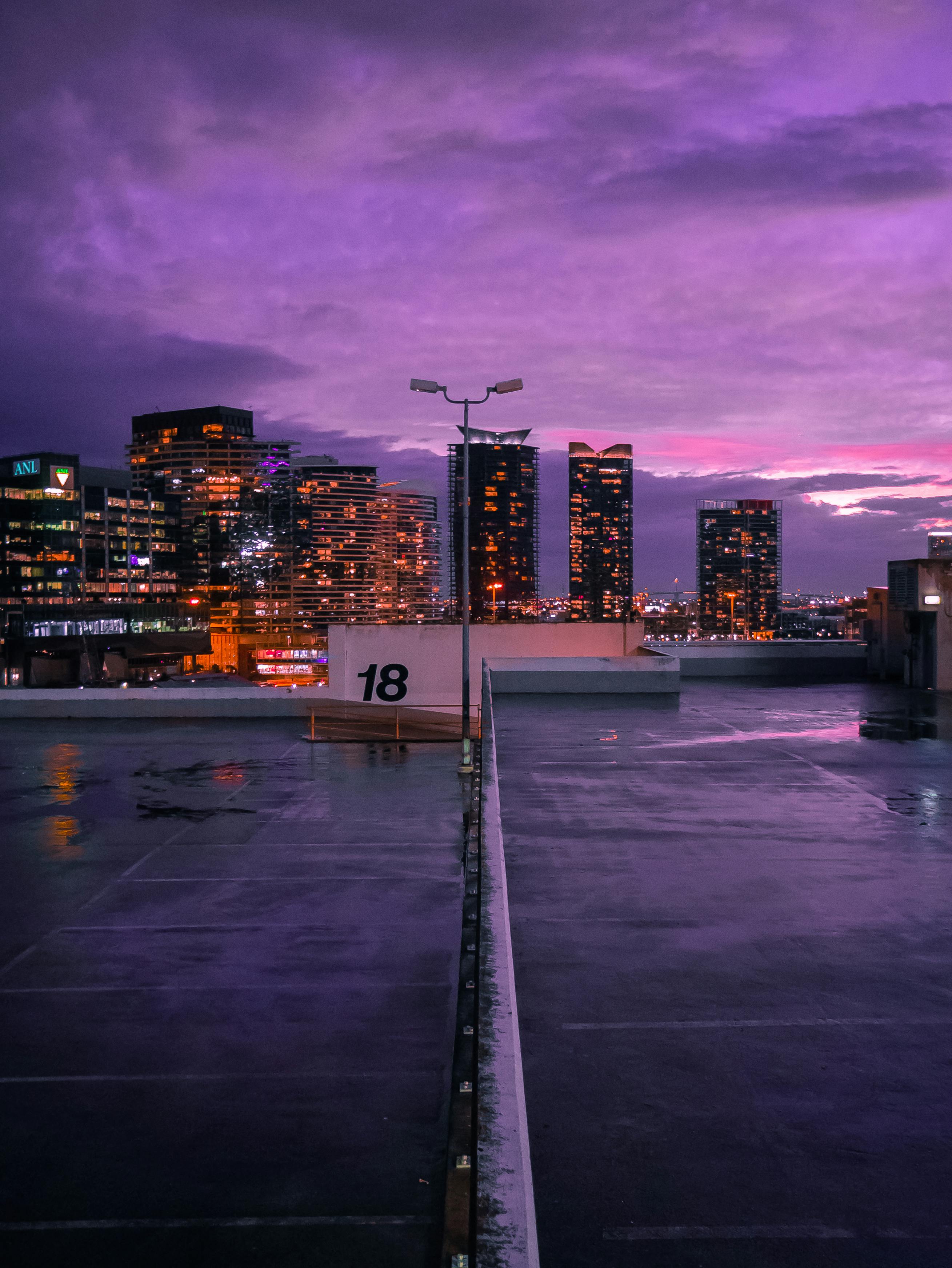 city skyline during night time