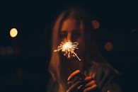 一张模糊的图像中，一个女人在夜晚手持明亮的烟花，营造出温暖而节日的氛围