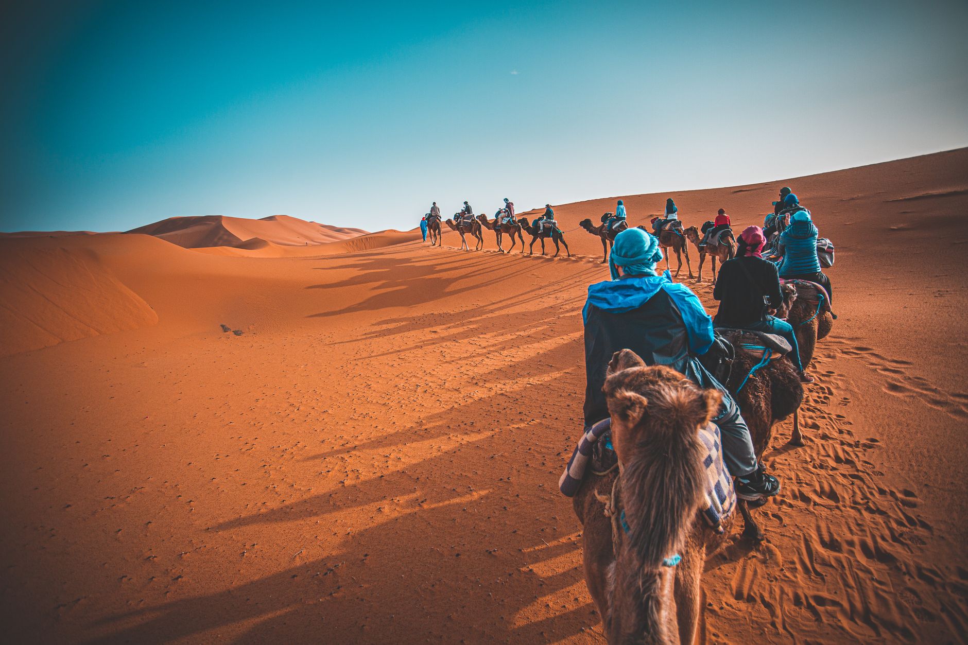 Photo : Boris Ulzibat / Pexels A group of people riding camels through the Sahara desert in Merzouga, Morocco at sunset.