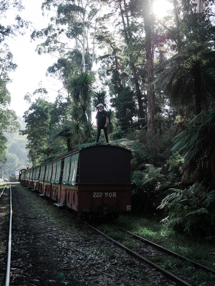 A Man In Black Shirt  And Pants Standing On Red Train