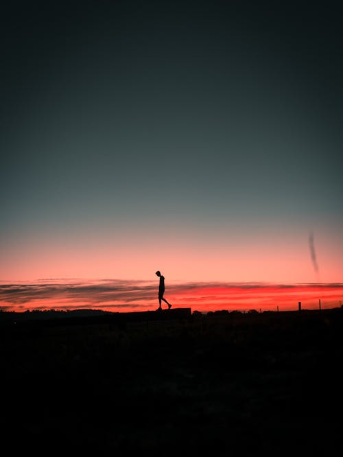 Silhouette of Person Standing on Field during Sunset