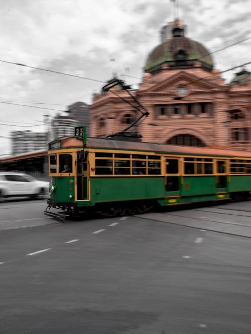 A Tram Moving in the City