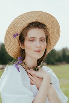 这幅优雅的夏季肖像画中，一位头戴草帽、点缀着野花的女人，传达出宁静的户外氛围